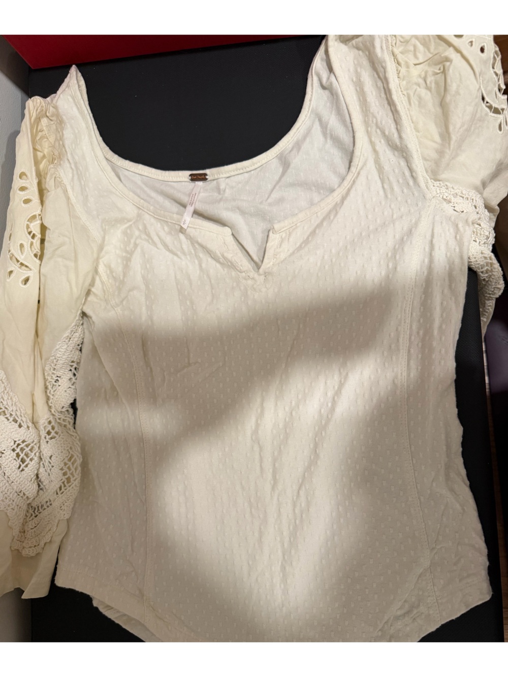 Free People Cream Textured Scoop Neck Top with Crochet Sleeves